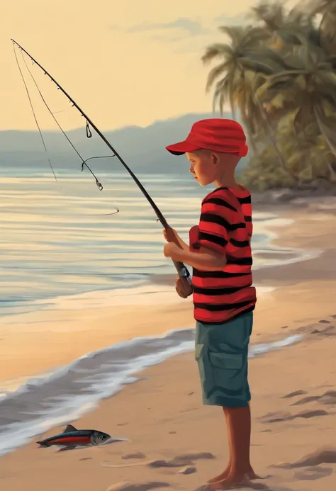 skinny, bald boy in a cap, fishing for a big fish on the beach, wearing a black and red striped blouse