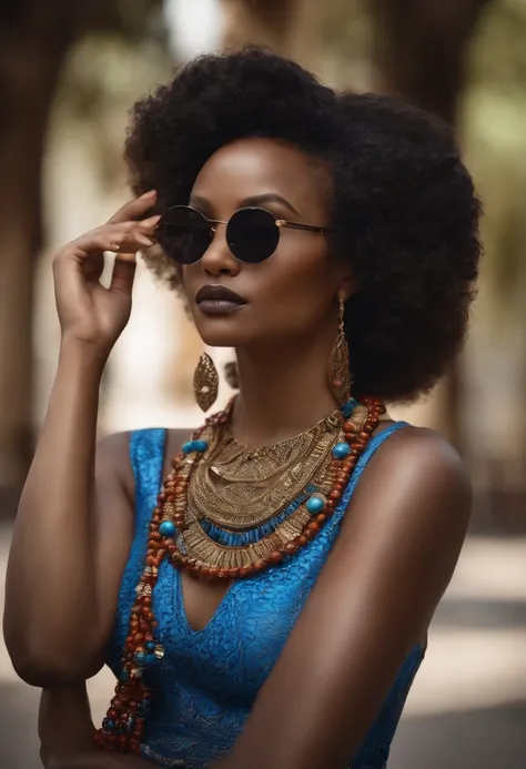 MUJER AFRICANA CON VESTIDO DE ESTAMPAS AZUL, CABELLO NEGRO TRENSADO, CON LENTES, JOYAS CELULAR EN LA MANO