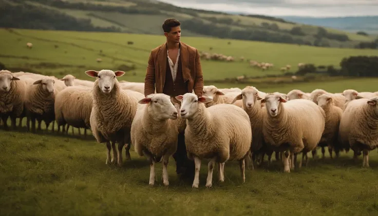 fazer uma foto de Davi e Golias, um jovem pastor em um ambiente pastoral, Full of sheep and holding a sling in his hands, a imagem deve capturar a simplicidade e a serenidade da vida no campo