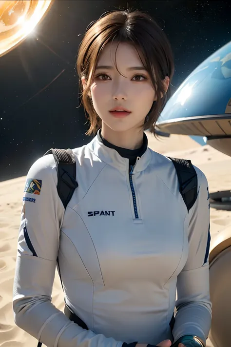 top-quality、​masterpiece、超A high resolution、(realisitic:1.4)、Beautuful Women１、Beautiful detail eyes and skin、ssmile、Light brown short-cut hair、The perfect spacesuit、spaceships、cosmic space、Sand Planet、weak sunshine、