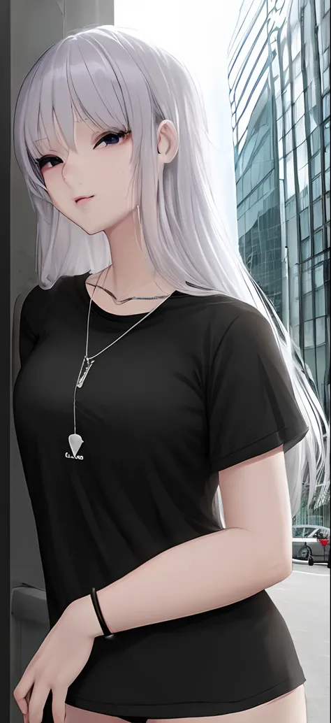 Cute anime girl, black tshirt, body, chain with a JK pendant , black long hair, city, Korean