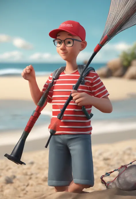 skinny, bald boy in a cap, fishing for a big fish on the beach, wearing a black and red striped blouse