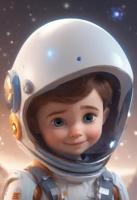 (a happy cute kid,short hair,white background,pixar style,3d, cartoon,detailed face,asymmetrical 16k),(space costume),(barnet, tone)