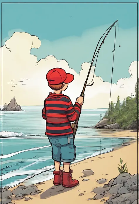 skinny, bald boy in a cap, fishing for a big fish on the beach, wearing a black and red striped blouse