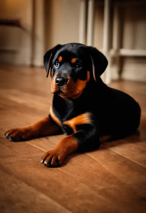 An 11-year-old Rottweiler puppy, deitado na sala em cima do tatame