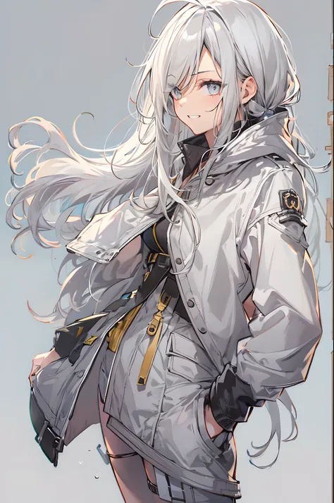 1girl, {solo}, upper body ,{{ {looking at viewer}}}, arm at side, concept art, white background, simple background, white hair, silver gradiient hair , complex cloth, asymmetrical clothes, virtual youtuber, best quality, masterpiece, dynamic angle, guilty ...