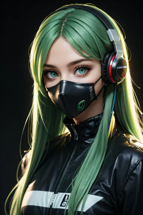 girl with long green hair, green eyes, futuristic vibes, mask on mouth, headphones, 8k, high quality, simple background, glowing...