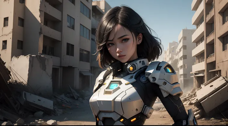 ((Best quality)), ((masterpiece)), (highly detailed:1.3), 3D,Shitu-mecha, beautiful cyberpunk women with her mecha in the ruins of city from a forgoten war, ancient technology,HDR (High Dynamic Range),Ray Tracing,NVIDIA RTX,Super-Resolution,Unreal 5,Subsur...