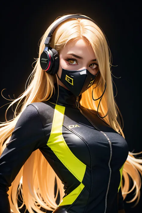 girl with long yellow hair, yellow eyes, futuristic vibes, mask on mouth, headphones, 8k, high quality, simple background, glowi...