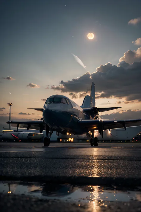 Create a hyper-detailed image of an airport scene at twilight with a full moon and bats in flight. In the foreground, place a parked Polish Airways airplane with visible branding and detailed aircraft design, including the cockpit windows reflecting the ee...