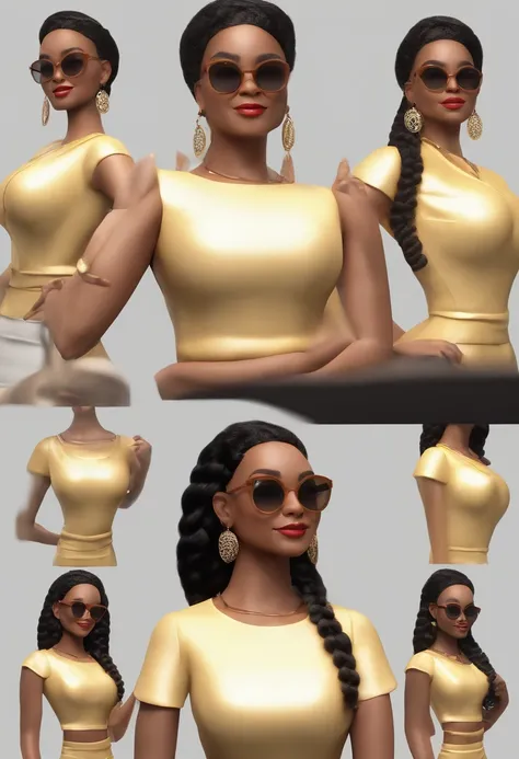 Personaje de dibujos animados de una mujer negra con cabello trensado, con gafas de borde dorado, joyas, con vestido artesanal de estampas azules, animation character, stylized character, Rendering animation styles, 3D estilizado, Arnold Maya render, 3D re...