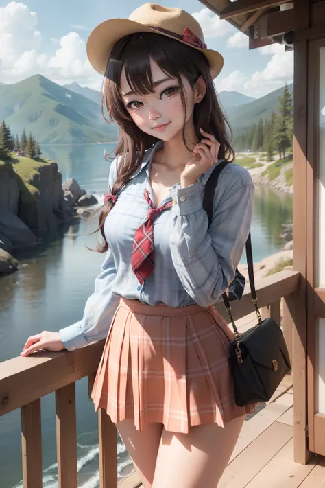 masterpiece, high quality best quality,1girl, bangs, beach, blue_sky, blush, bow, breasts, checkered, checkered_shirt, checkered_skirt, cloud, cloudy_sky, collarbone, day, envelope, giving, grass, hair_bow, heart, holding, holding_letter, horizon, incoming...