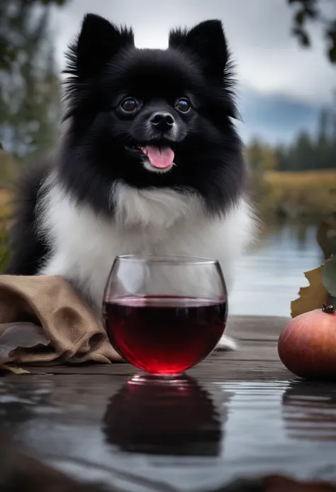 Perfect centering, Cute Black Pomeranian, Drinking red wine, 8K Night