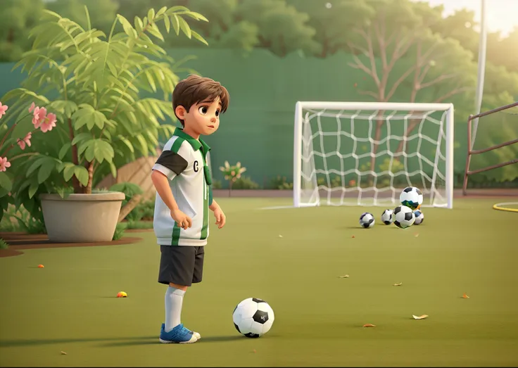 A child standing in front of a soccer ball, on the soccer field playing