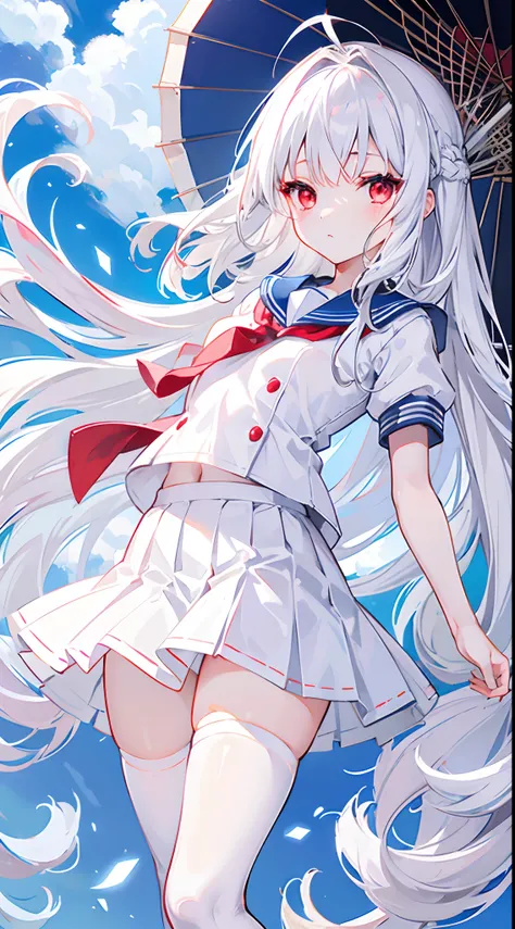 silver-white long hair，Broken hair curtains，Crystal red eyes，White short-sleeved sailor uniform，a skirt，expressiveless，apathy，Wearing white stockings，On the school rooftop，Wearing a crystal blue transparent umbrella，Medium build