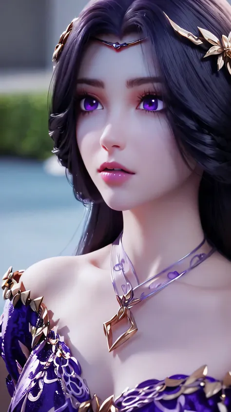 A beautiful and sexy 20 year old girl, Very sexy girl in thin strapless purple pajamas, Purple silk dressing gown，Sexy lace trim, Long purple hair and bangs, and jewels. Thinnest、The most beautiful hair, ((Wear a purple lace necklace: 1.6)), Super cute lit...