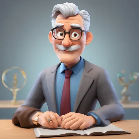 Crie um cartaz inspirado na Disney Pixar com o personagem sendo o pastor Rubens Janier, A gray-haired man wearing glasses, in an office with a Bible on the table, Looking forward and serious