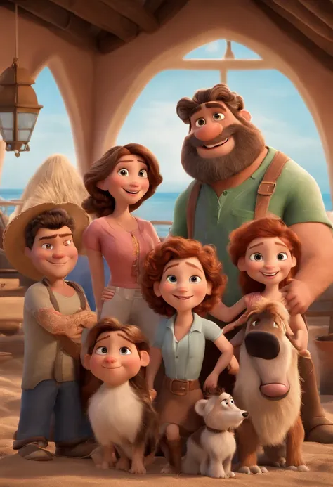 a Disney Pixar movie poster showing a rocking white-skinned family. The father is the tallest, Tem barba curta, loiro, cabelos longos e espinhosos. The mother has brown eyes and hair, shoulder-length and is slightly overweight. A menina tem 4 anos e cabelo...