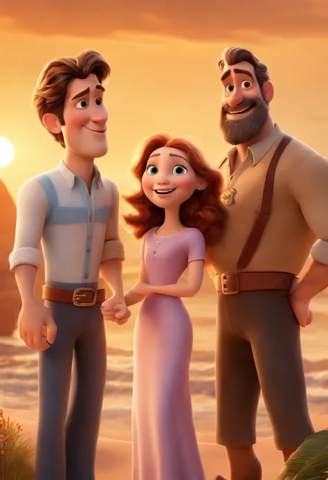 a Disney Pixar movie poster showing a rocking white-skinned family. The father is the tallest, Tem barba curta, loiro, cabelos longos e espinhosos. The mother has brown eyes and hair, shoulder-length and is slightly overweight. A menina tem 4 anos e cabelo...