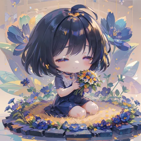 (((Lapis lazuli masterpiece))), Best Quality, Extremely detailed, Anime, (Hold a bouquet), (casual), (Black and yellow short hair), multicolored hair:1.2), Closed eyes, (((girl with))), (((Solo))), Happy, Full body, Ahoge, (((Deformed))), (((Chibi Characte...