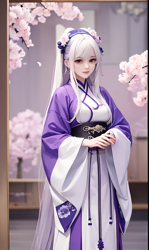 Two-dimensional painting style，Wear purple Hanfu，Wear long white gloves，Woman with long white hair