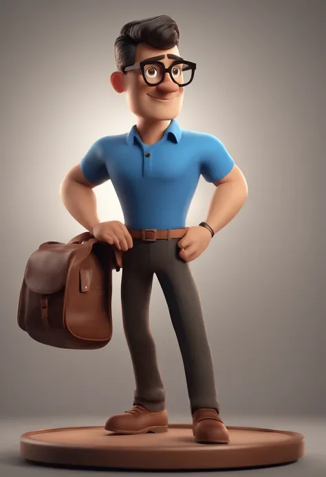 Cartoon character of a man with black glasses and a blue shirt, short caqui, cabelo grisalho,  animation character, Caractere estilizado, animation style rendering, 3D estilizado, Arnold Maya render, 3 d render stylized, toon render keyshot, Personagem 3D,...