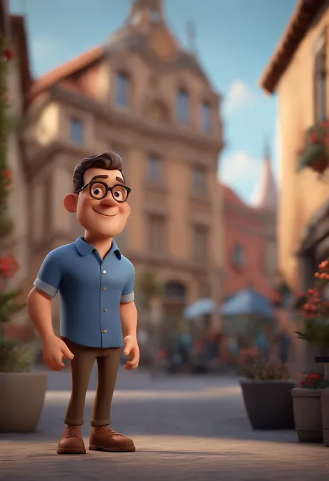 Cartoon character of a man wearing black glasses and a blue shirt, um personagem animado, Caractere estilizado, animation style rendering, 3D estilizado, Arnold Maya render, 3 d render stylized, toon render keyshot, Personagem 3D, Personagem 3D, 3d renderi...