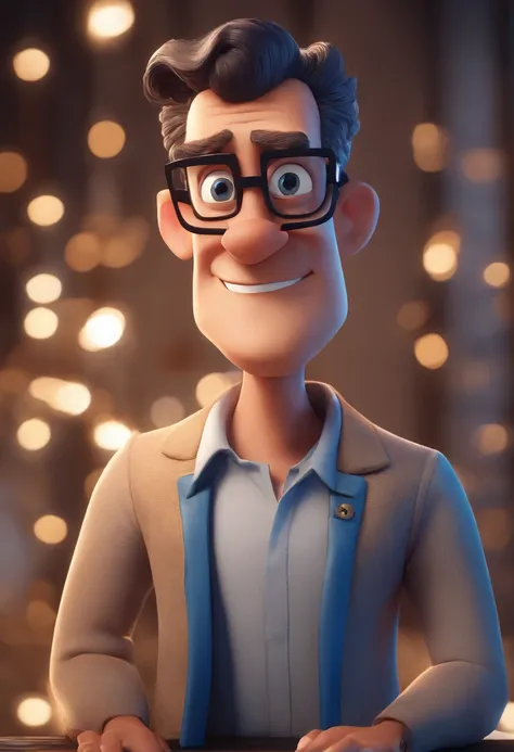 Cartoon character of a man with black glasses and a blue shirt, animation character, Caractere estilizado, animation style rendering, 3D estilizado, Arnold Maya render, 3 d render stylized, toon render keyshot, Personagem 3D, Personagem 3D, 3d rendering st...