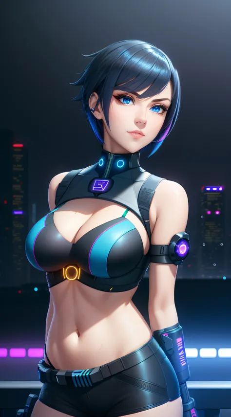 there is a woman standing, Dark Blue Water-Colored Eyes, Neon Lighting, Black Bob Short Hair, cyberpunk femme fatale, seductive cyberpunk dark fantasy, cyberpunk strip clubs, cyberpunk 20 y. o model girl, oppai cyberpunk, Serious Face, Realistic Face Resol...