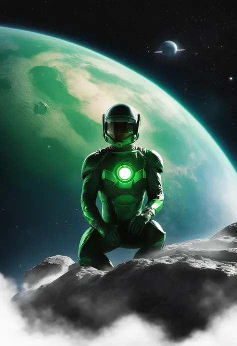 Green Lantern sitting on a research platform floating in the middle of the asteroid belt. Ele estuda com um caderno, surrounded by several asteroids glowing with an aura of fire;. Dramatic lighting from distant stars and planets illuminates the scene, cast...