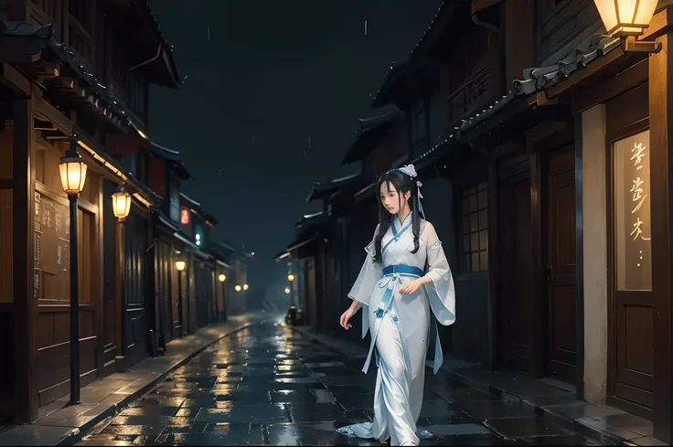 Portrait of  beautiful girl in blue and white hanfu, walking along a street in an old Chinese town, in a rainy night. Quiet atmosphere, illuminated by ancient lamps and lightning,  visible rain, water reflections, highly detailed.