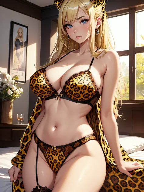 absurd, 8K, high resolution, ultra-detailed, beautiful, masterpiece, best quality, very pretty woman, young, very pretty woman, in the bedroom, sexy, (leopard lingerie:1.3), (blonde hair:1.4), a bun, sexy, detailed female face, very attractive, (very large...