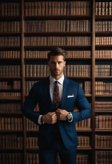 Businessman standing in front of a bunch of books, attractive male, beautiful symmetrical face, attractive male, male model, Human/Tank hybrid, Precise symmetrical human characteristics, The man stands out in the photo, Multiple faces, Face hybrid realisti...