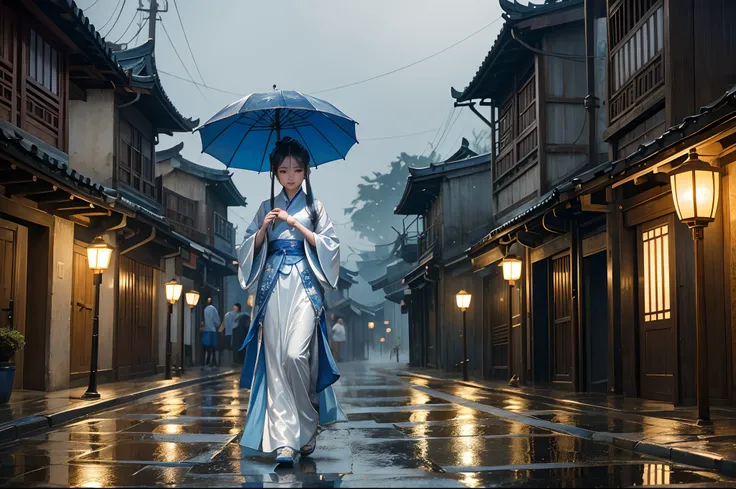 A beautiful girl in blue and white hanfu, walking along a street in an old Chinese town, in a rainy night. Quiet atmosphere, illuminated by ancient lamps and lightning,  visible rain, water reflections, highly detailed.