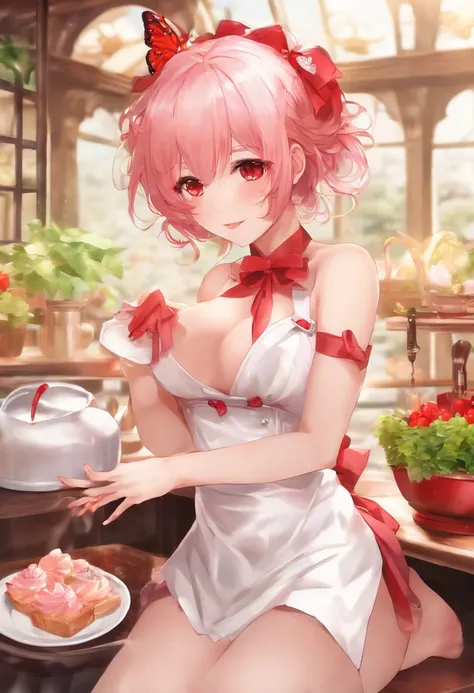 1girl in, 独奏, Nakano Nino, A pink-haired, butterfly hair ornament, (barechested:1.3), (White apron),, cleavage of the breast, thighs thighs thighs thighs, Cafe background, (red blush:1.3) Pussy