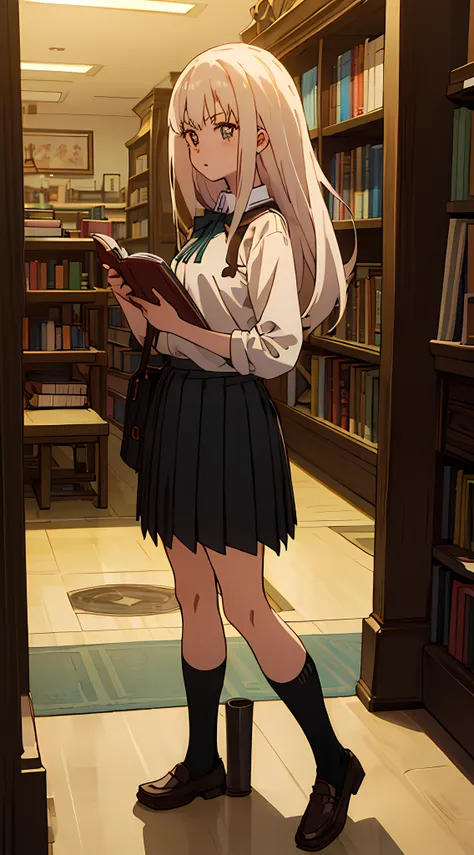 masterpiece, makoto sinkai, your name, animation, anime snap, 1 girl, school skirt, embarrass, black sox, loafers, hold book, in Old bookstore with history, evening, flat color, girl with, Your name is, cute little, White hair,