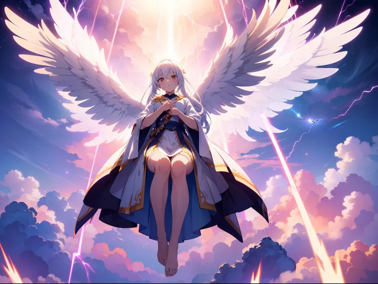 1  seraphim girl, ((8 wings)) ,floating air, cross legs, spread arms, front ,((orange lightning)),cinematic lighting, (from below:0.9) , white robe, (Lens Flare) ,background sky, high resolution,(incredibly absurdres),anime visual,extremely detailed CG uni...