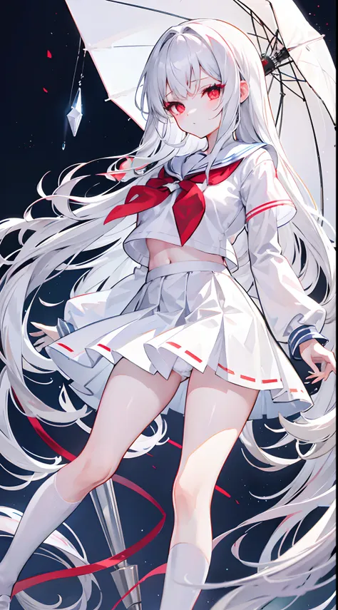 silver-white long hair，Broken hair curtains，Crystal red eyes，White short-sleeved sailor uniform，a skirt，expressiveless，apathy，Wearing white stockings，On the school rooftop，Wearing a crystal blue transparent umbrella，Big Breasts Girl