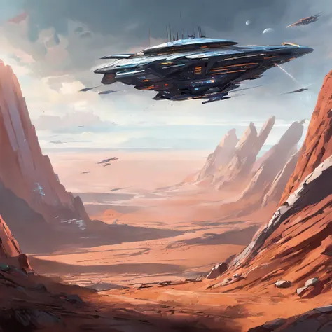 A spaceship flying over rocky ground, inspired by sparth, an epic space ship scene, sparth style, The spacecraft flew too far, star citizen digital art, sci-fi illustrations, scifi illustration, detailed sci-fi art, on the sky, Spaceship, spaceships in the...