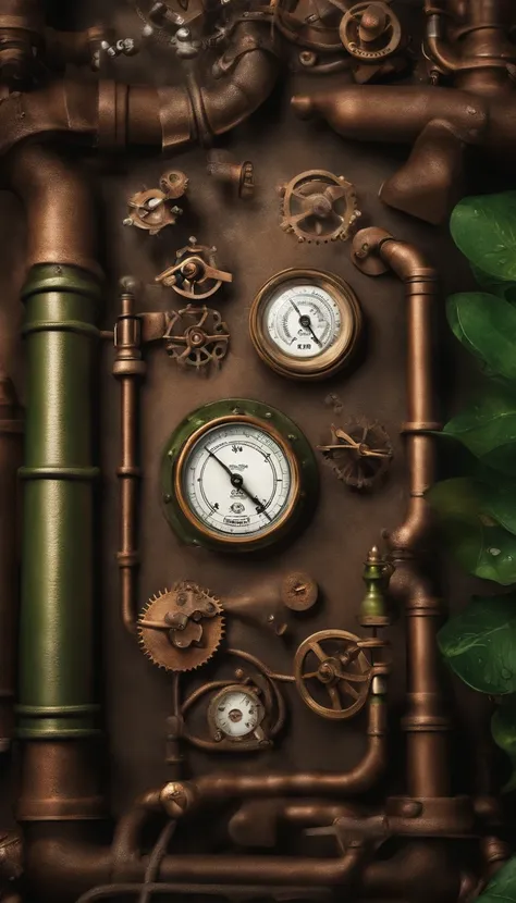 papel de parede para celular no estilo steampunk com engrenagens, vapor, Green Liquids, Pressure gauge, 3D, muito cobre, realista, 4k