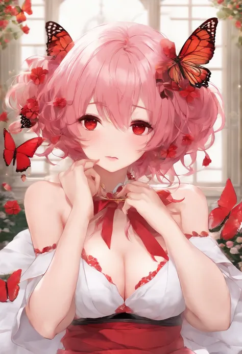 1girl in, 独奏, Nakano Nino, A pink-haired, butterfly hair ornament, (barechested:1.3), (White apron),, cleavage of the breast, thighs thighs thighs thighs, (red blush:1.3),virgin,SEX,lascivious,