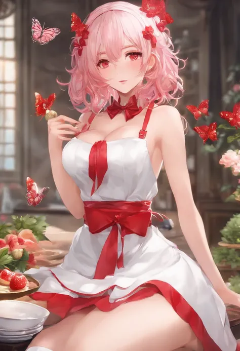 1girl in, 独奏, Nakano Nino, A pink-haired, butterfly hair ornament, (barechested:1.3), (White apron),, cleavage of the breast, thighs thighs thighs thighs, (red blush:1.3),virgin,SEX,lascivious,