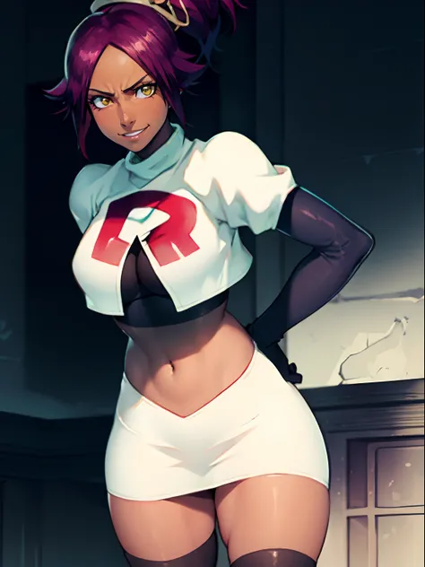 yoruichi shihouin, yellow eyes, ponytail, purple hair, dark skin, dark-skinned female, team rocket, team rocket uniform, red letter R, white skirt, white crop top, black thigh-high boots, black elbow gloves, evil smile