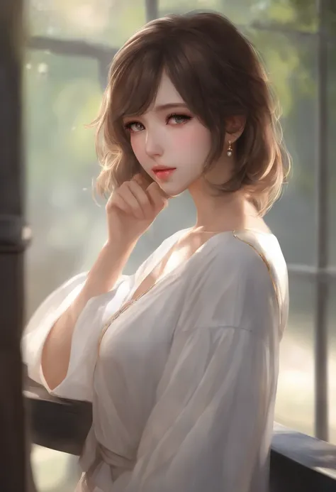 (photorealistic:1.4), (masterpiece, side dim light, finely detailed beautiful eyes: 1.2), masterpiece*portrait, realistic, 3d face, Stelle (honkai star rail), 1girl, white oversize T-shirt, bare shoulder, universe, rail, bangs, blush, shy, lustful eyes, me...