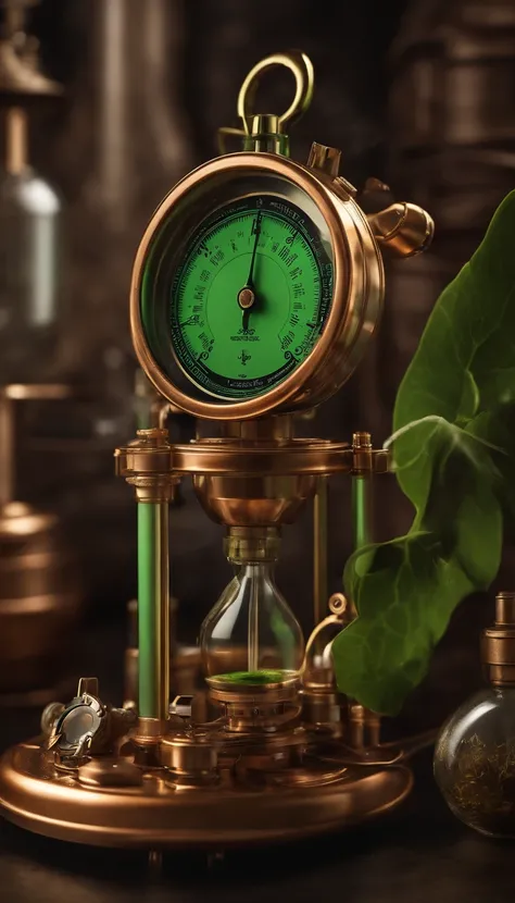 papel de parede para celular no estilo steampunk com engrenagens, vapor, Tubes with live green liquids, Pressure gauge, 3D, muito cobre polido, realista, 4k