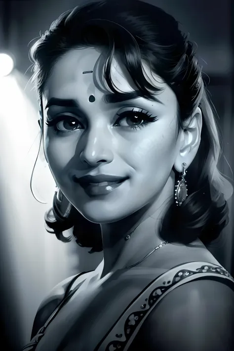 madhuri dixit,jewelry,smile,  spotlight with a snoot for a focused beam of light (focused spotlight).,sub surface scattering, de...