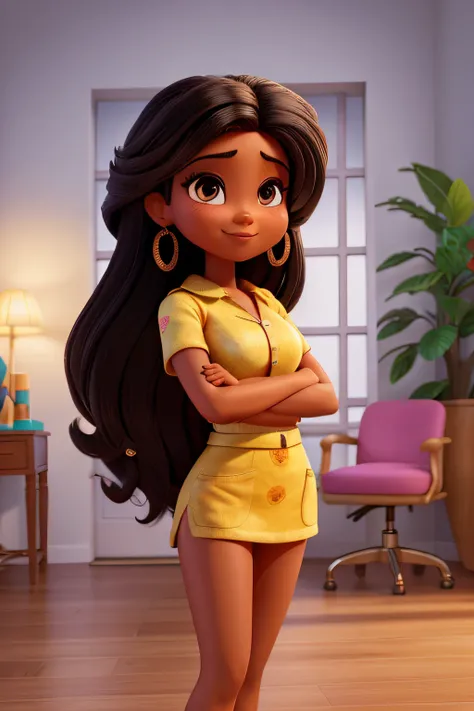 Mulher manicure, morena, cabelos soltos, cabelos negros e longos, hair combed back, olhos castanho escuros, The woman is similar to the character "Pocahontas", olhar determinado, estilo Pixar, Setting of a nail salon, com uma parede inteira de esmaltes org...