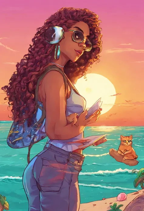 obra-prima, melhor qualidade, brilhante, feliz, Soft lighting and Warm, sun sunset, menina parda, cabelos encaracolados longos ate metade das costas com oculos redondos  lendo um livro com um gato de duas cores preto e branco fofo  garota sentada numa jane...