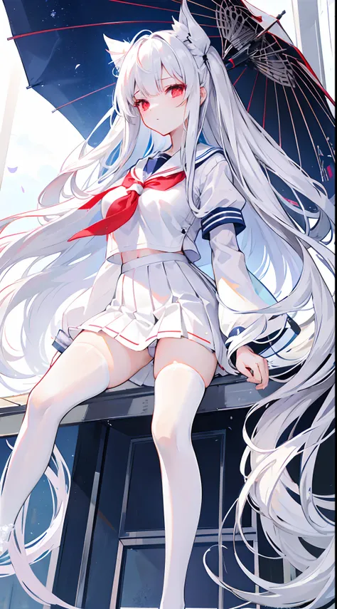 silver-white long hair，Broken hair curtains，Crystal red eyes，White short-sleeved sailor uniform，a skirt，expressiveless，apathy，Wearing white stockings，On the school rooftop，Wearing a crystal blue transparent umbrella，Big Breasts Girl