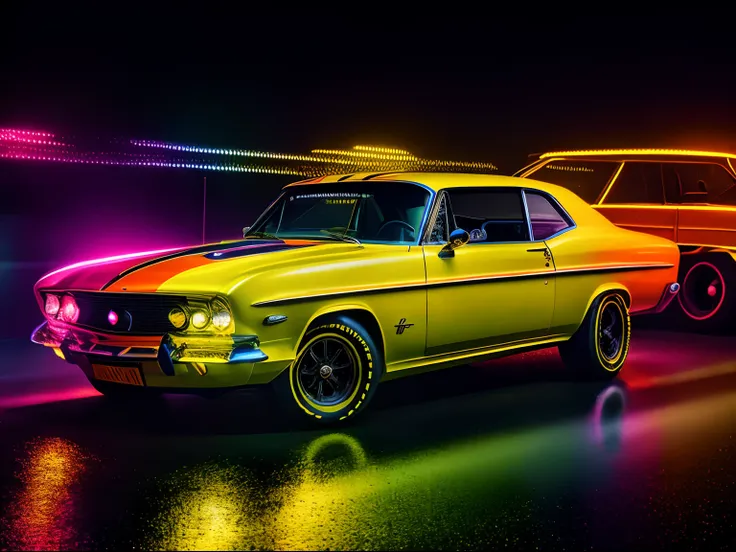 A classic car in a chiaroscuro setting with neon yellow accents, featuring orange glitter elements, and an added layer of reflection, style raw [Low angle], action scene, dynamic action, film grain, motion blur, Epic realism, raw photo, highly-detailed, 8k